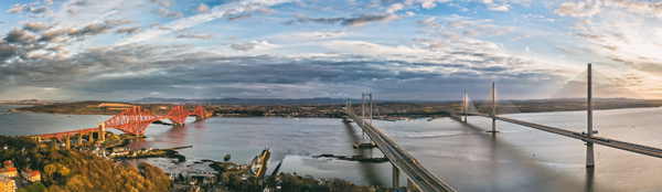 Panoramic view of the three Forth Bridges that span the Firth of Forth